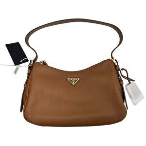 PRADA Aimee Medium Caramel Calfskin Leather Shoulder Bag Gold Hardware